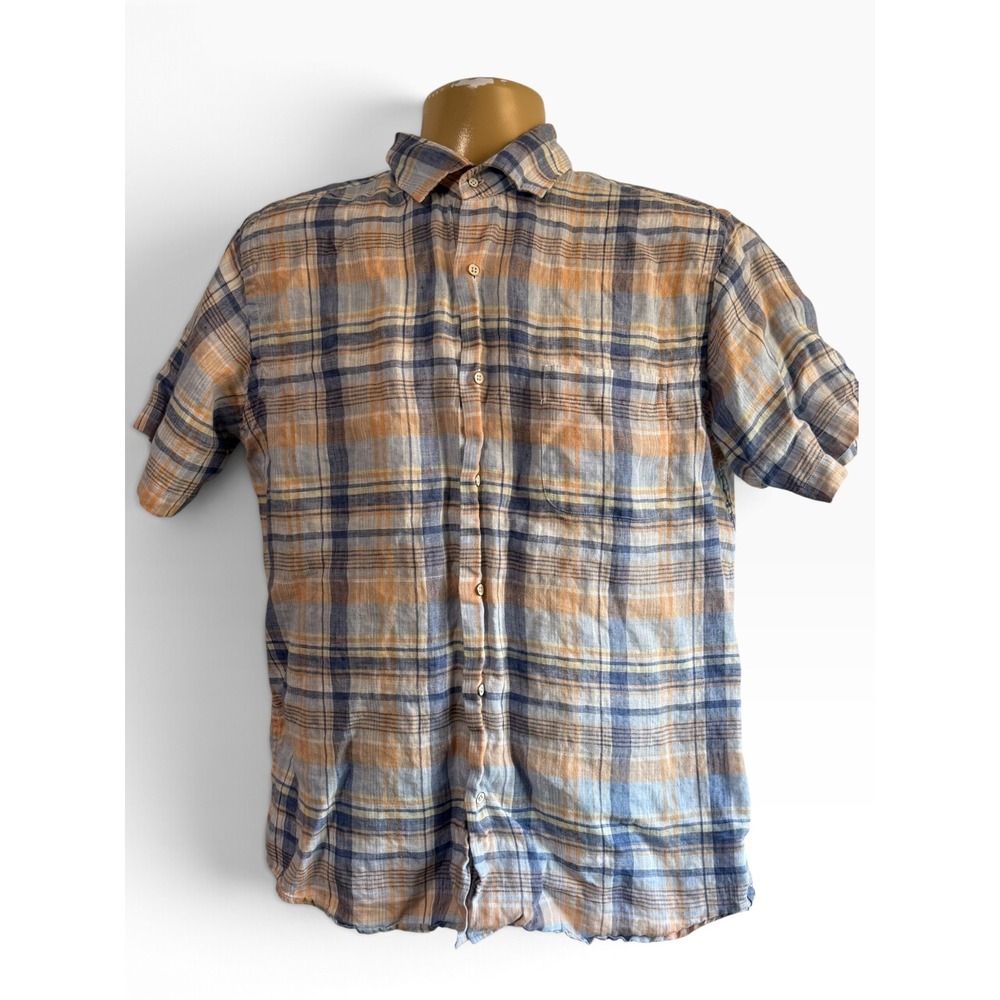 Peter Millar Mens Medium 100% Linen Short Sleeve Plaid Button Down Shirt Blue